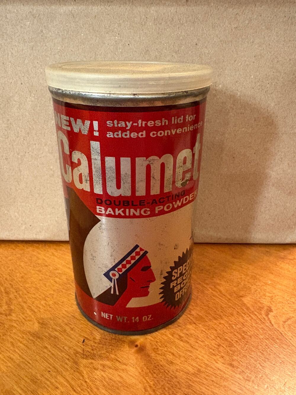 Vintage 14oz. Calumet Baking Powder Metal Tin with Plastic Lid